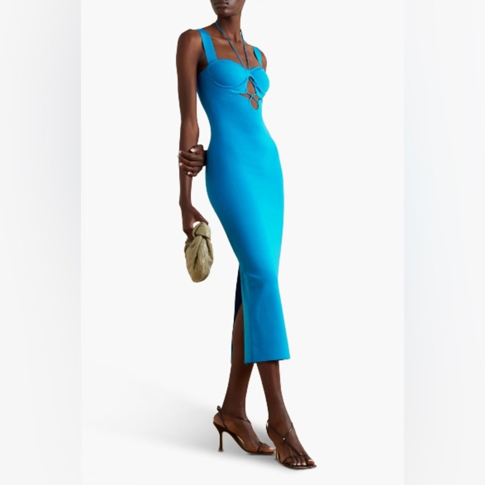 GALVAN LONDON
Kali cutout stretch-knit turquoise midi dress size small